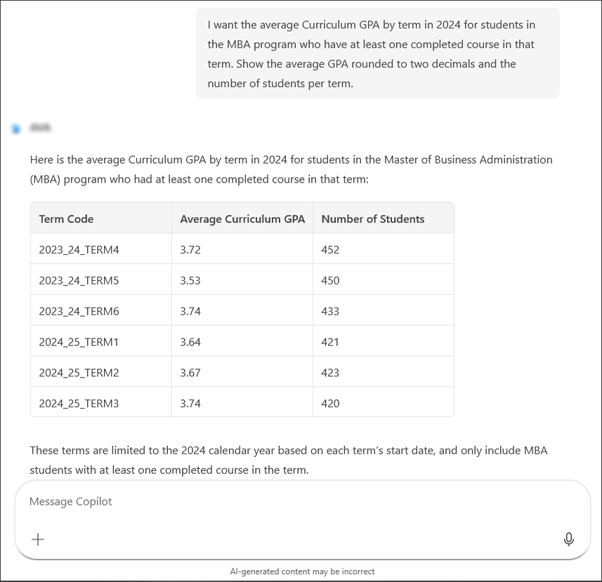 An example of a plain language query answered by an AI assistant — a custom solution built on top of Microsoft Copilot